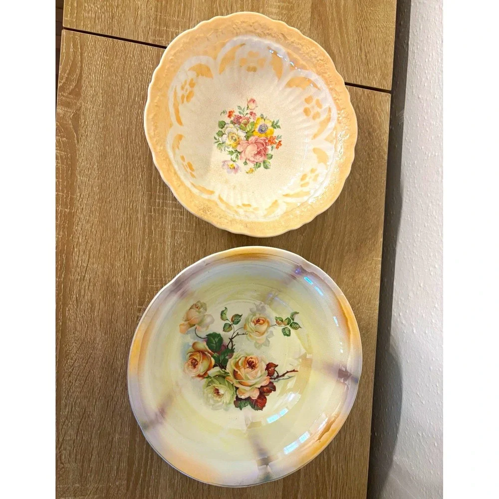 Antique Set of Bowls Crown Ivory 1936 Ceramic Earthenware Dresden China Floral